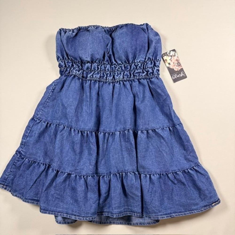 Hint of Blush Strapless Tiered Denim Romper Dress Medium Wash Blue Smocked M